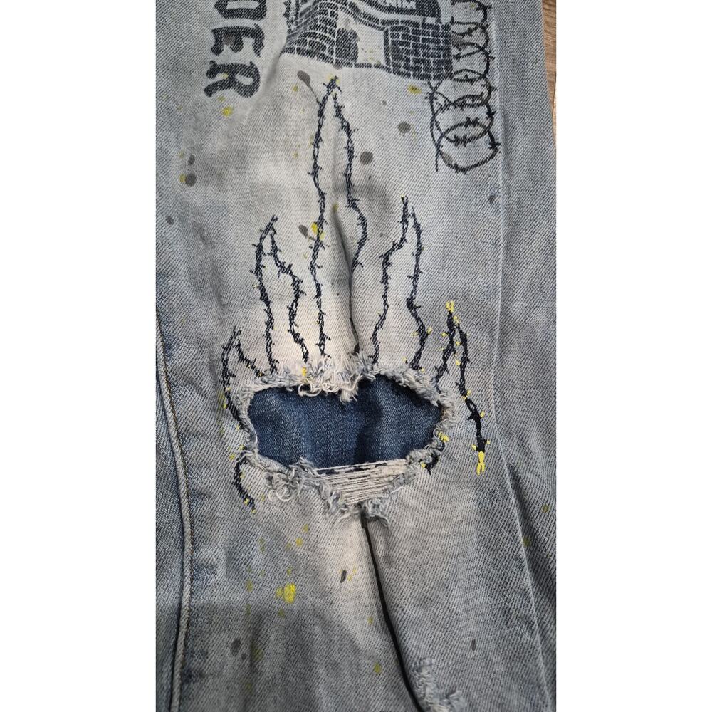 THRT Denim Jeans Men's Size 32 Light Wash Graphic Distressed Streetwear Y2K - Picture 9 of 16